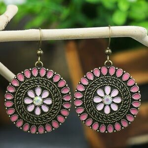 Bohemian Vintage Style Pink Rhinestone Floral Fishhook Earrings